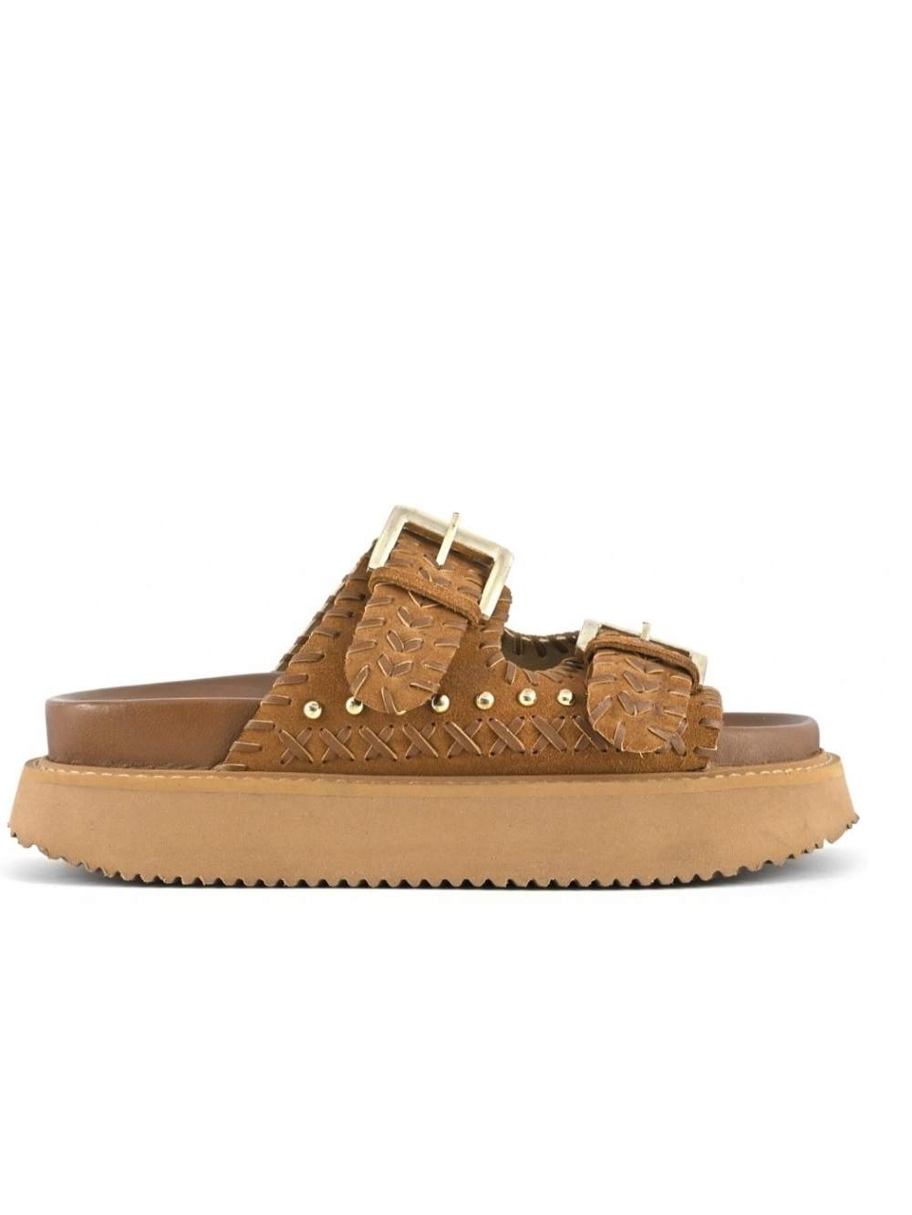 Tan Suede/Leather Double-Buckle Slide Sandals